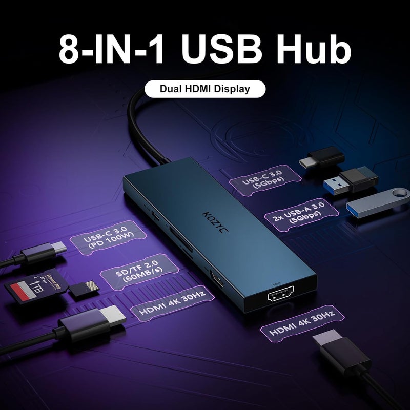 KOZYC USB C Docking Station Dual Monitor, 8-in-1 USBC Hub with 2 HDMI Ports, USB-C 3.0, 2xUSB-A 3.0, SD/TF, 100W PD, Compatible with HP, Dell - Image 2